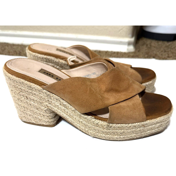 ZARA Women's Tan Suede Espadrille Sandals SZ 38/7.5 block platform heels slip on - Picture 1 of 6